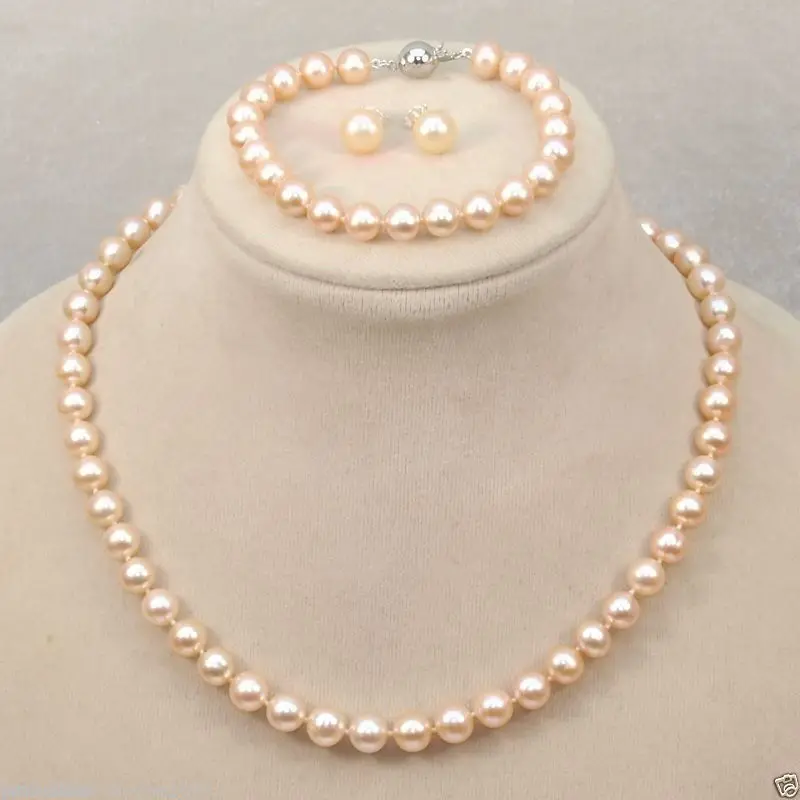 

Hot sale new Style >>>>>8-9mm Genuine Natural Freshwater Pink Pearl Necklace Bracelet & Earring Set