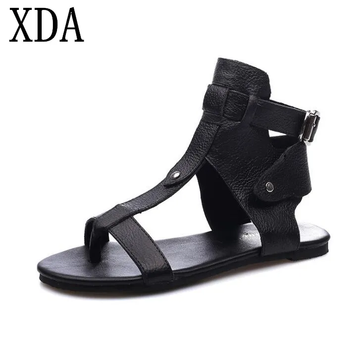 

XDA Women Rome Sandals 2019 Summer New Leather Roman Sandals Women shoes Fashion Roman flats genuine leather Sandals
