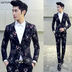 (Куртка + брюки) мужские цветок костюм новый бренд Цветочный принт костюм партии Нарядные Костюмы для свадьбы мужской Slim Fit дизайнерское