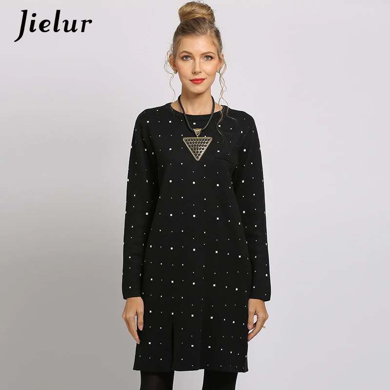 Jielur Women Dress Autumn Winter Long Sleeve Dot Robe Femme Loose Leisure Female O-neck Vestidos Elegant Cotton Dress