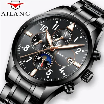 

AILANG 2019 Retro Fashion Designer Three Dial Decoration Stainless Steel Black Men Luxury Brand Automatic Mechanical Watches