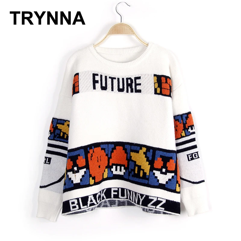 Women Sweater Winter Short Style Cartoon Number 34 Loose Pullover O neck Long Sleeve Oversized 