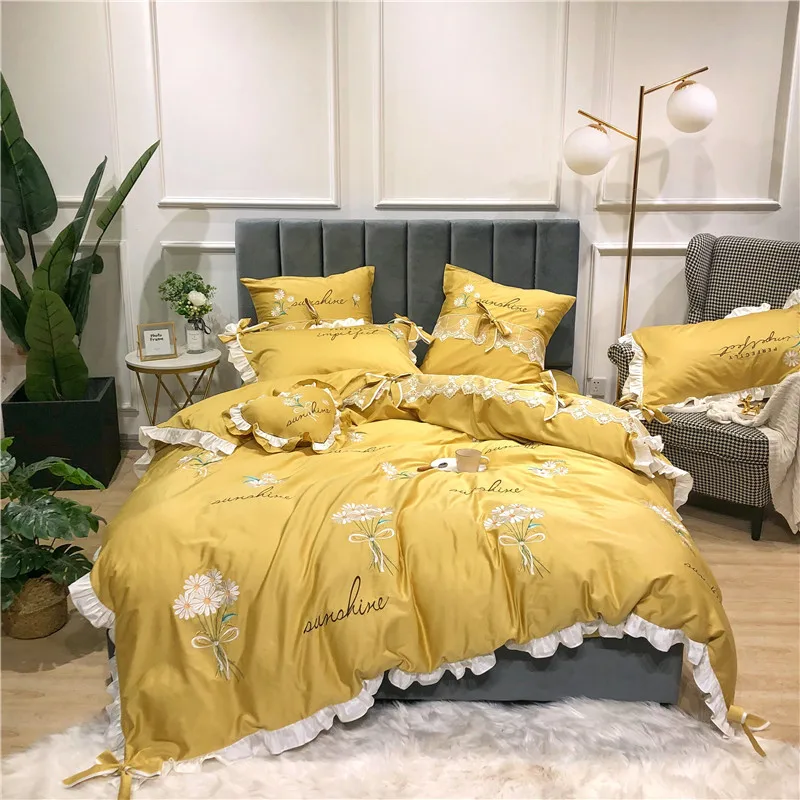 Little Daisy embroidery Bedding Sets girls Beddingset egyptian cotton Bed Linen Duvet Cover Bed Sheet Pillowcase/bed Sets 4/7pcs