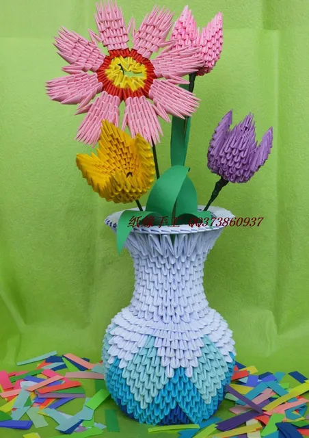 hot sale flower vase handmade by 3d origami paper child craft paper origami flower vase