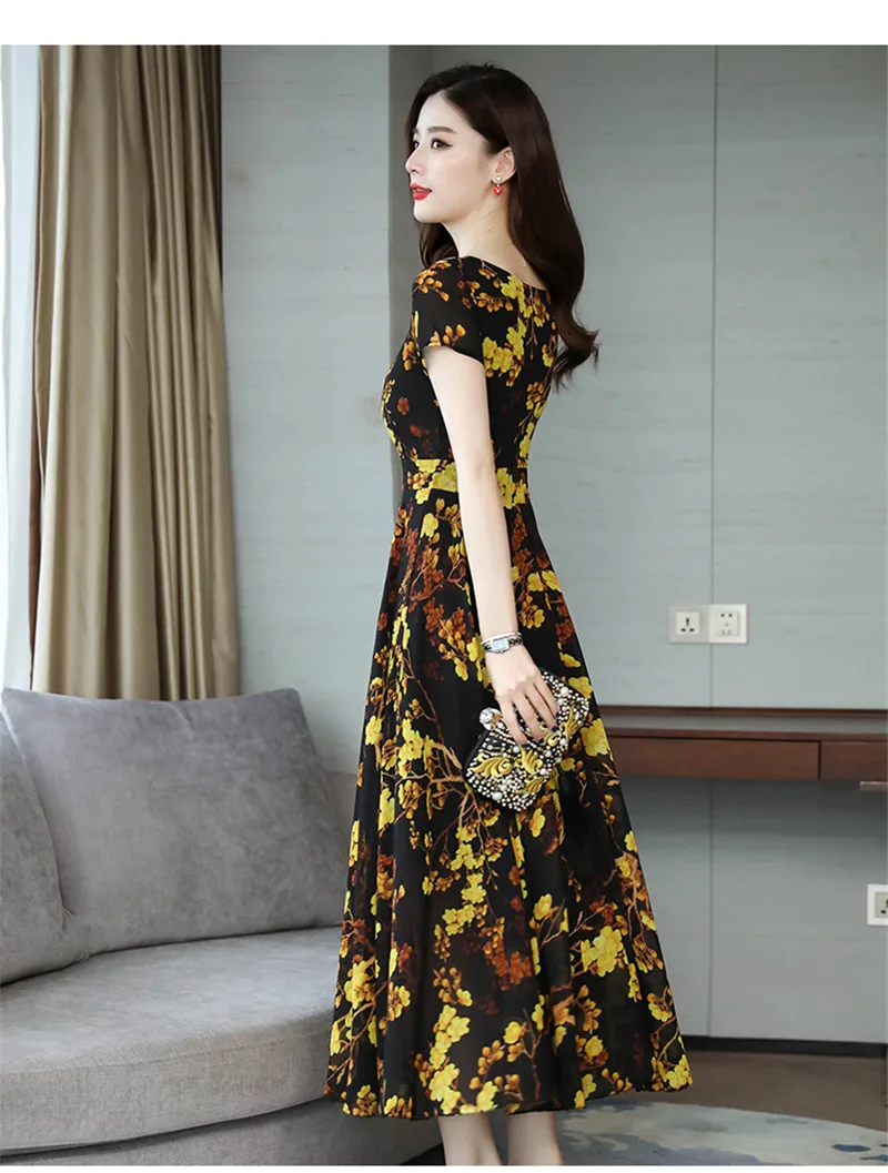 SexeMara Bohemian Style O-Neck Short-Sleeved Printed Temperament Waist Chiffon Long Large Dress 2019 Summer New Style (19)