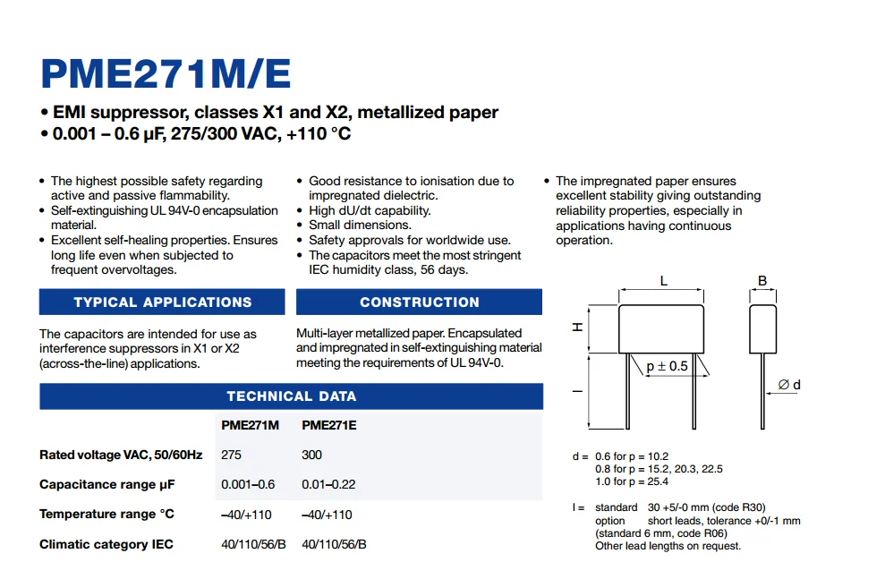 PME271M647KR30 470NF 275V 470N X2 подавитель EMI металлизированная бумага крышки пленка 0,47 мкФ 10% 275VAC
