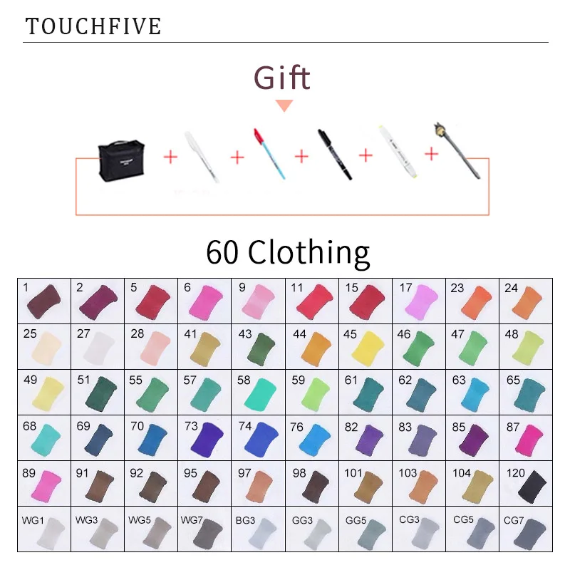 TouchFIVE 20 Вт, 30 Вт/40/60/80 Цвет маркеры манга рисунок Маркеры Ручка на спиртовой основе эскиз жирной двойной кисть товары для рукоделия - Цвет: 60 CLOTHING