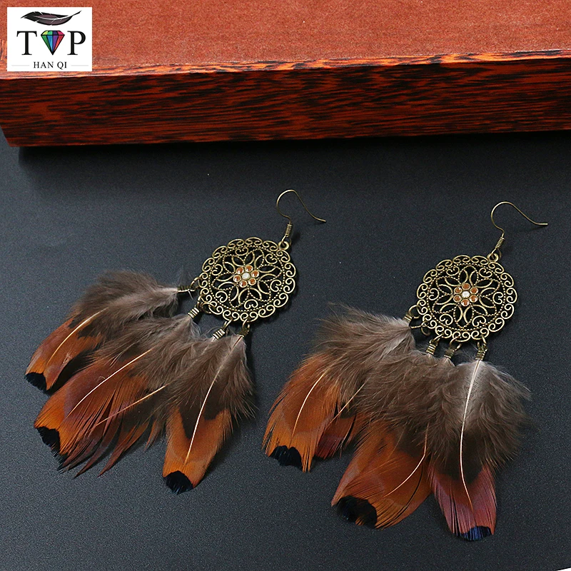 

2018 New Bohemian Ethnic Jewelry Round Hollow Alloy Earrings Feather Tassel Earrings Women Long Earrings Female Brincos