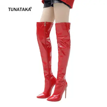 

Women Side Zipper Sexy Thin High Heel Over The Knee Boots Fashion Pointed Toe Warm Winter Nightclub Shoes Red Black White 2018