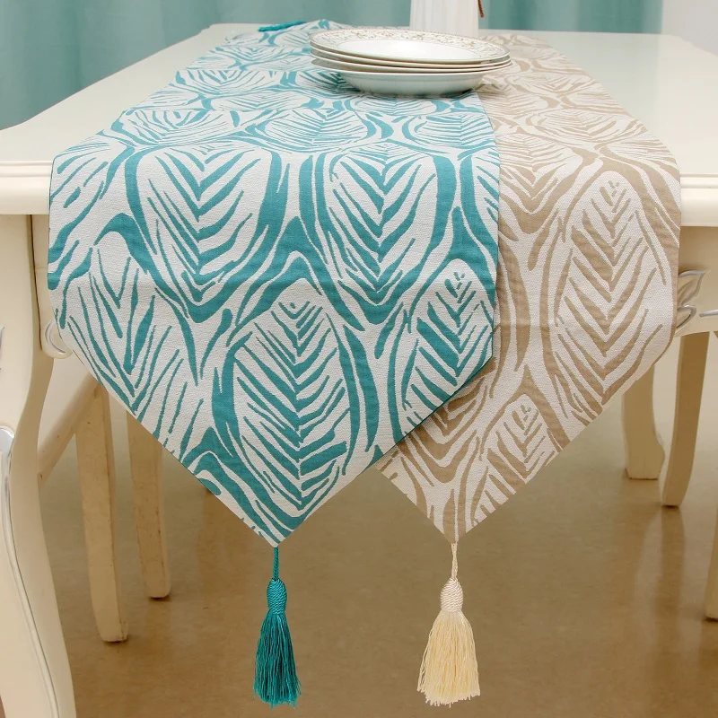 

Nordic modern minimalist tassels small fresh leaves blue table runner tablecloth coffee bed towel