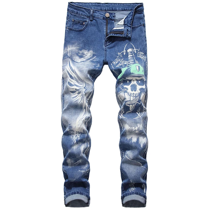 Sokotoo мужские джинсы с 3D принтом черепа плюс большого размера узкие прямые крылья окрашенные синие стрейч брюки