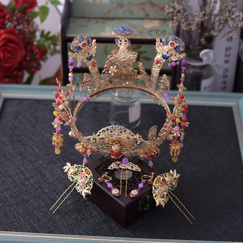 

2018 new chinese style special round Bride crown headdress hairpins earrings sets wedding yarn hair jewelry