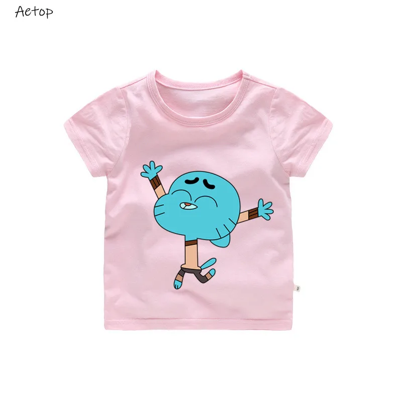 С изображением мультипликационных персонажей для детей удивительный мир жевательной резинки футболка для мальчиков и девочек короткий рукав отличные летние топы, детская повседневная одежда, b202 - Цвет: pink