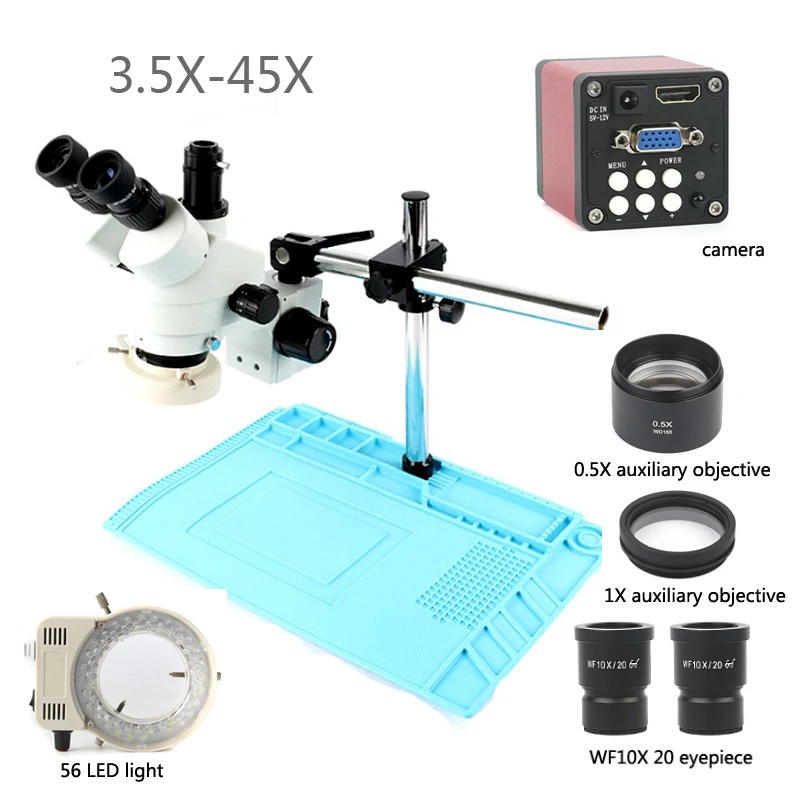 

3.5X-45X Trinocular stereo microscope zoom +13MP HDMI VGA industrial microscope camera +56 LED lights+ large size boom