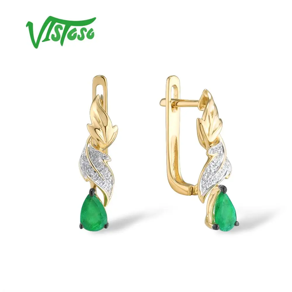 Женские серьги VISTOSO Pure 14K 585 желтое золото гламурные изумрудные сверкающие
