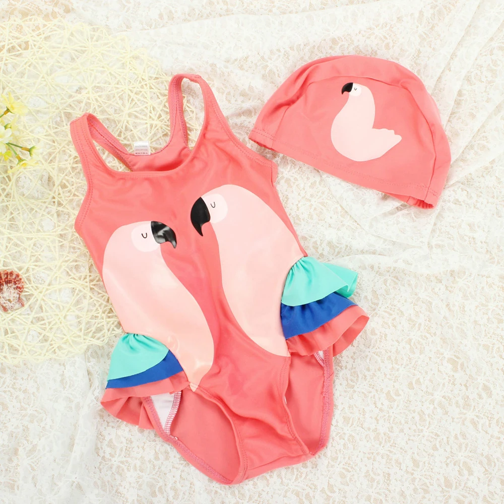 Shujin Girls Swimwear Cute Kids Swimsuit With Swimming Cap Swan Flamingo 2019 Baby Girl Bathing Suit One Pieces Beachwear
