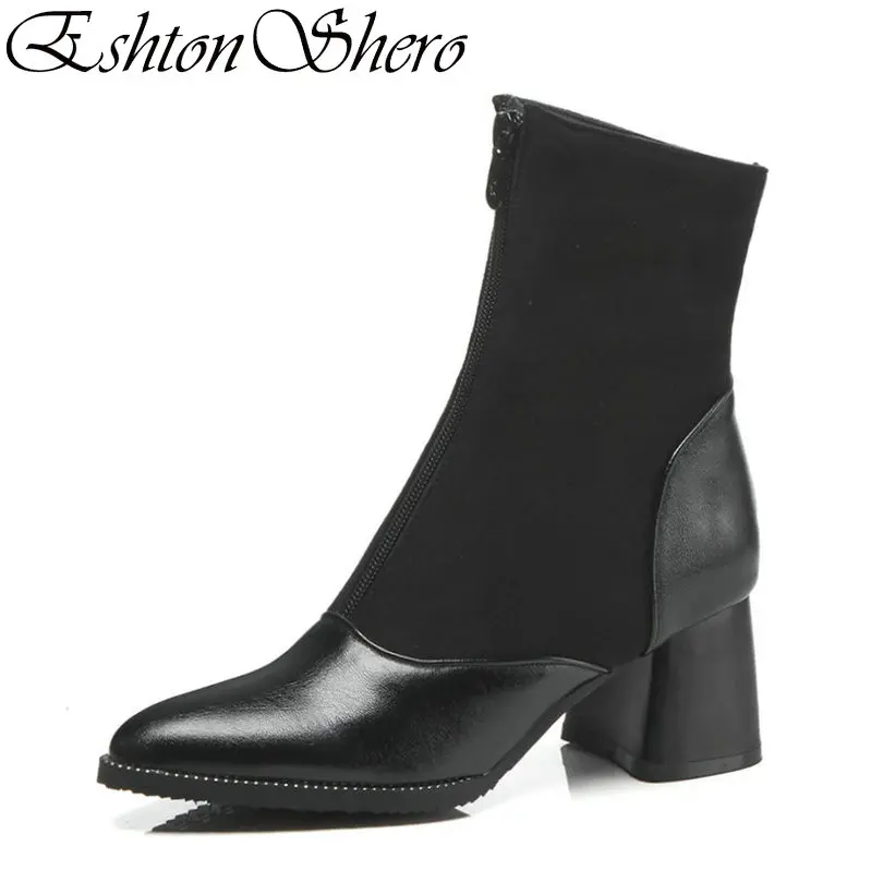 

EshtonShero Winter Shoes Woman Ankle Boots PU Leather Pointed Toe High Heel Fur Zipper Ladies Motorcycle Boots Size 34-43