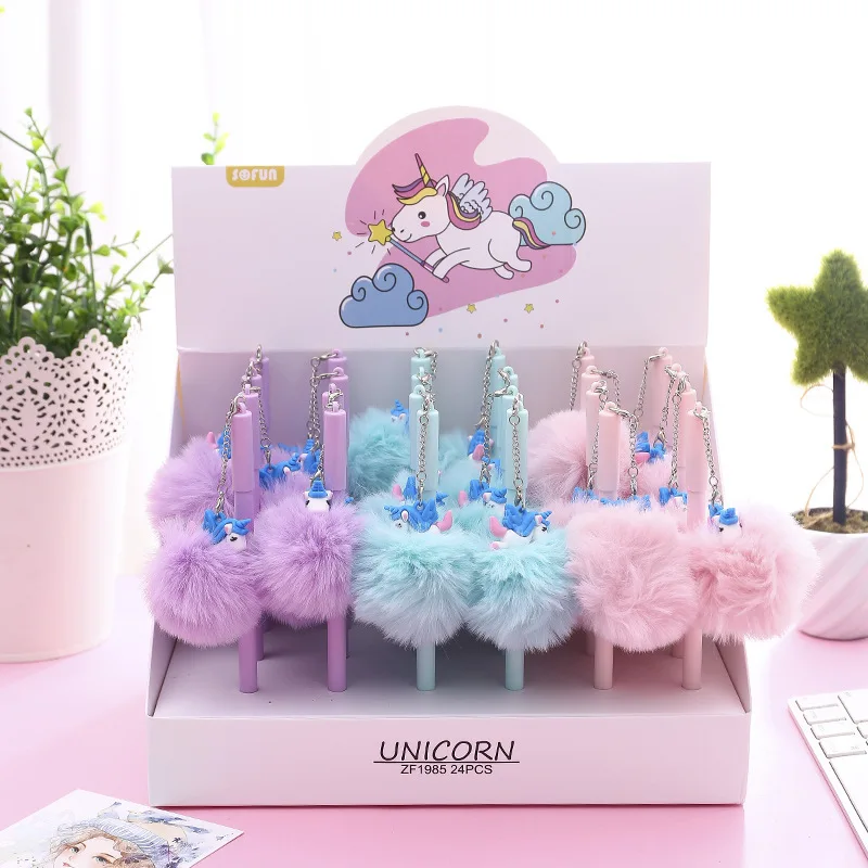 

24 Pcs/lot Unicorn Silica Fur Ball Pendant Gel Pen Promotional Gift Stationery Silica Fur Pen with Pendant