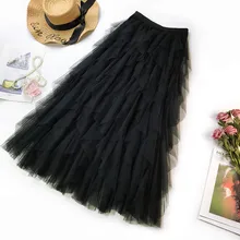Fashion Tutu Tulle Skirt Women Long Maxi Skirt Spring Summer Korean Black Pink High Waist Pleated Skirt Female