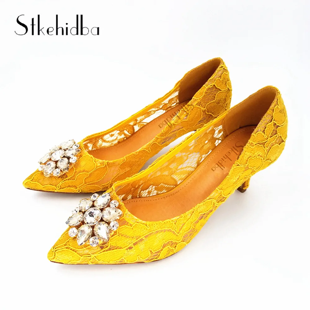 

Stkehidba Sexy Lace Pumps Crystal Design Pointed Toe Women's Pumps Party Luxury High Heel Shoes Top Quality Lace Women's Shoes