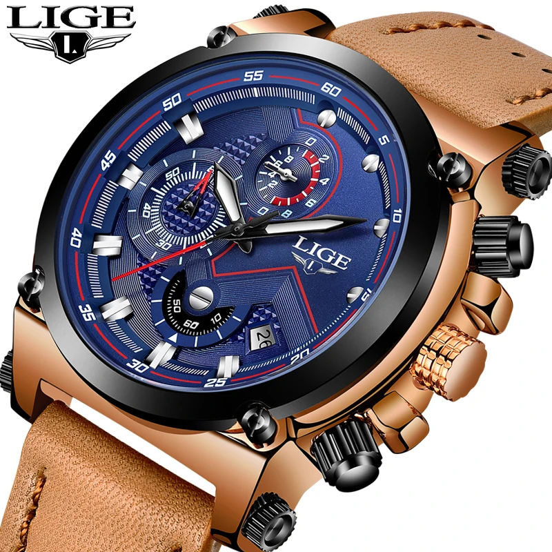 

LIGE Watch Men's Fashion Sports Quartz Big Dial Clock Leather Mens Watches Top Brand Luxury Waterproof Watch Relogio Masculino