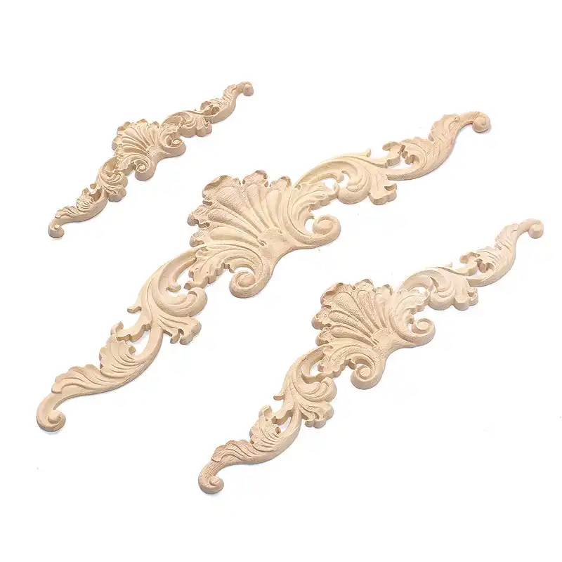 Kiwarm Vintage Flower Design Carpenter Oak Wood Carved Corner Onlay Applique Unpainted Frame Furniture Home Door Decor Ornament
