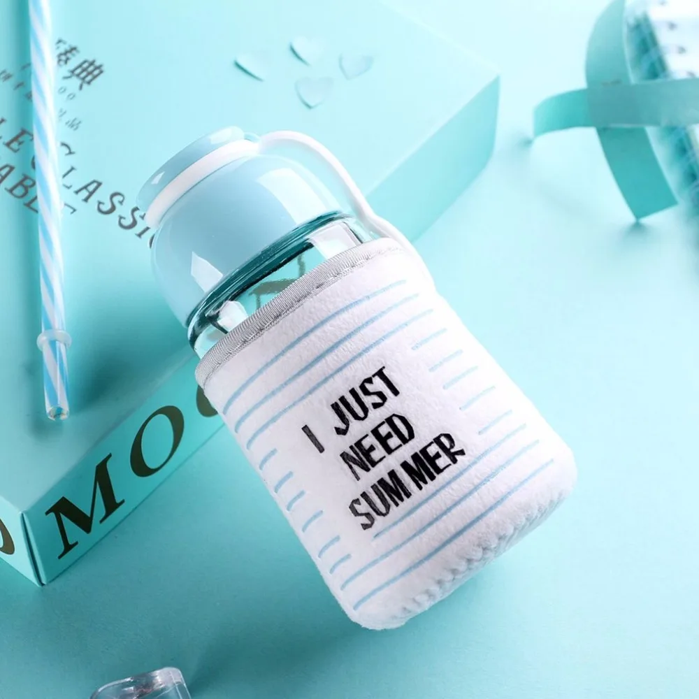 

320ML Simple Letter Print Glass Water Bottle Removable Cloth Cover Drinking Eco-Friendly Students Water Bottle