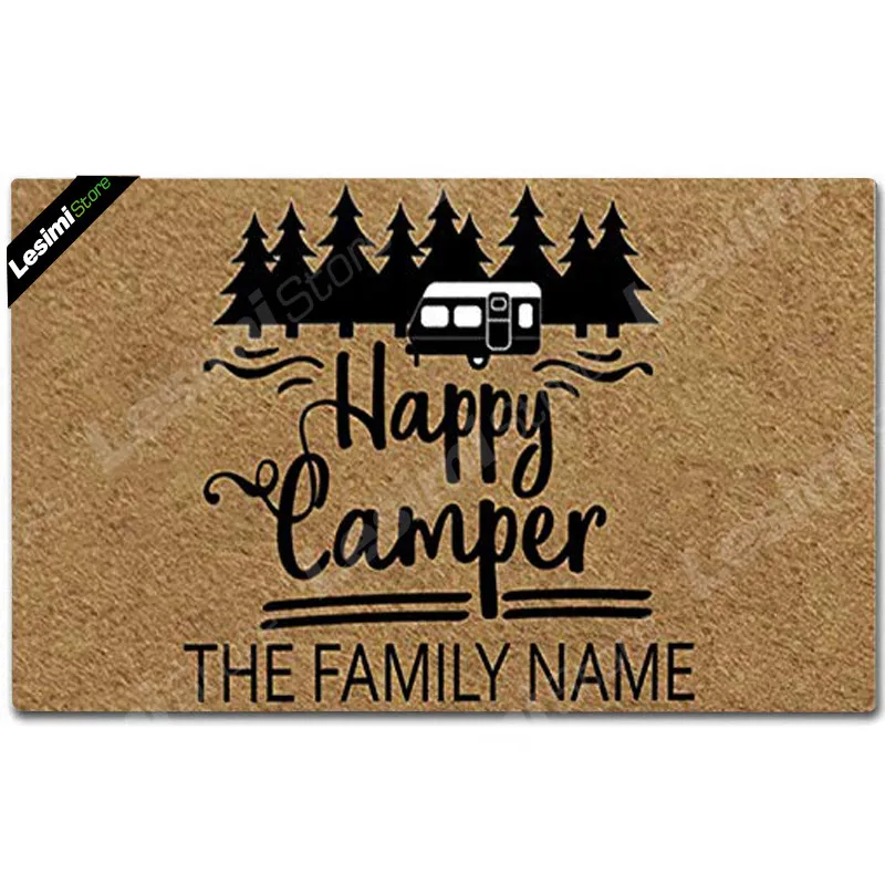 Custom Doormat Monogrammed Happy Camper with Family Name Non Slip