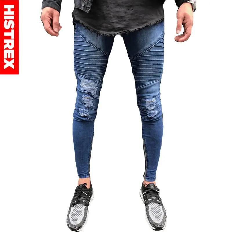 Для мужчин s рваные байкерские джинсы из хлопка синего цвета Slim Fit мотоцикл