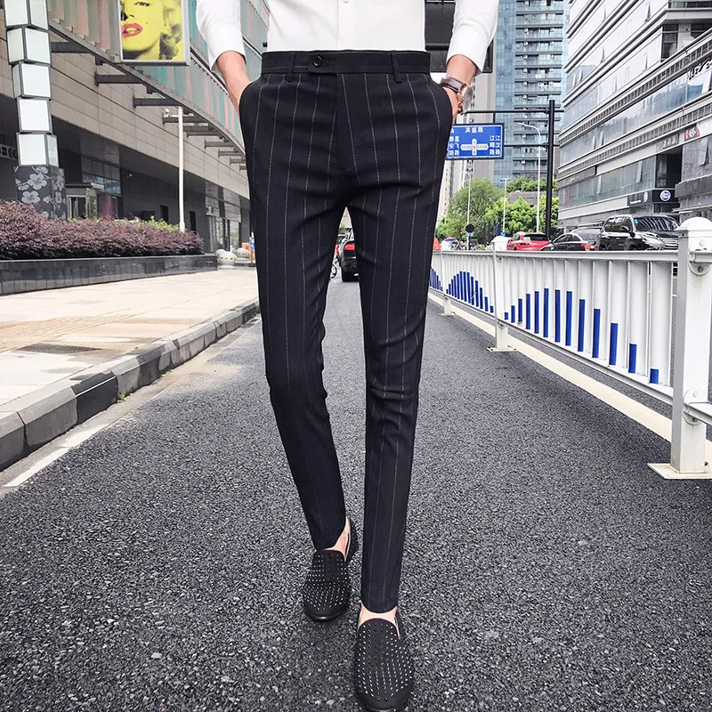 black Костюмные брюки Slim Fit умные мужские брюки черные полосатые штаны Мужские Брюки Homme Повседневное брюки Повседневное деловая, общественная клуб - Цвет: black