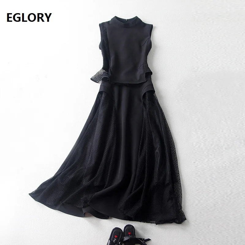 

Women's Set 2019 Summer Fashion Long Skirt Suit Ladies Sleeveless Vest Tops+Hollow Out Mesh Patchwork Mid-Calf Skirt Set Female