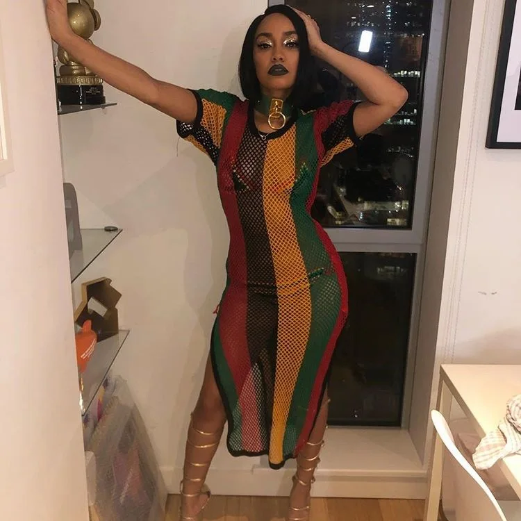 

Fashion Woman Colorized Vertical Striped Perspective Ankle-Length Dress Sexy Lady O Neck Short Sleeve Split Side Dress YZ1024
