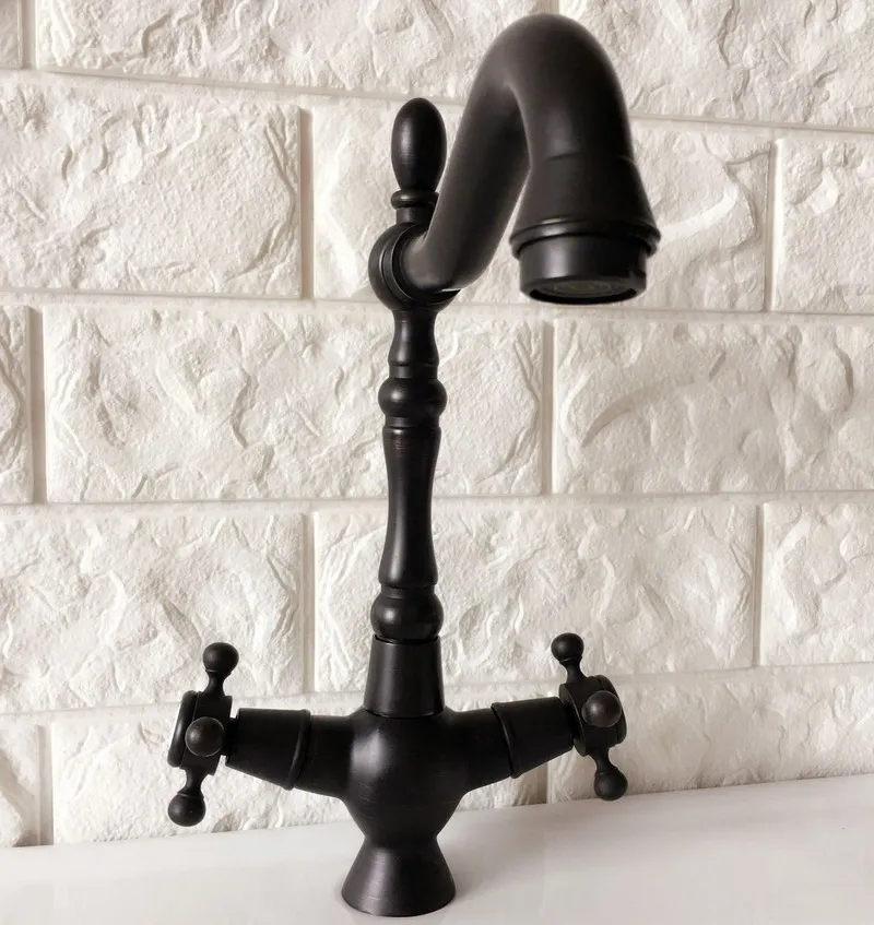 Black Oil Rubbed Brass Dual Cross Handles One Hole Bathroom Kitchen Basin Sink Faucet Mixer Tap Swivel Spout Deck Mounted mnf381
