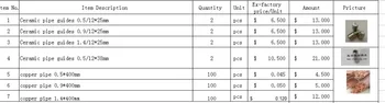 

Ceramic guide size OD12*25L , Dia.0.5/0.9/1.4 each 2pcs+2 pcs ceramic guide size OD12*38l+Copper pipe 0.5/0.9/1.4 each 100pcs