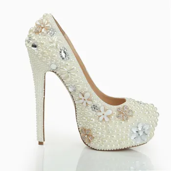 

LSDN-1078 Handmade Ultra High Heel Pumps Women White High-end Banquet Waterproof Table Party Sexy Crystal Pearl Wedding Shoes
