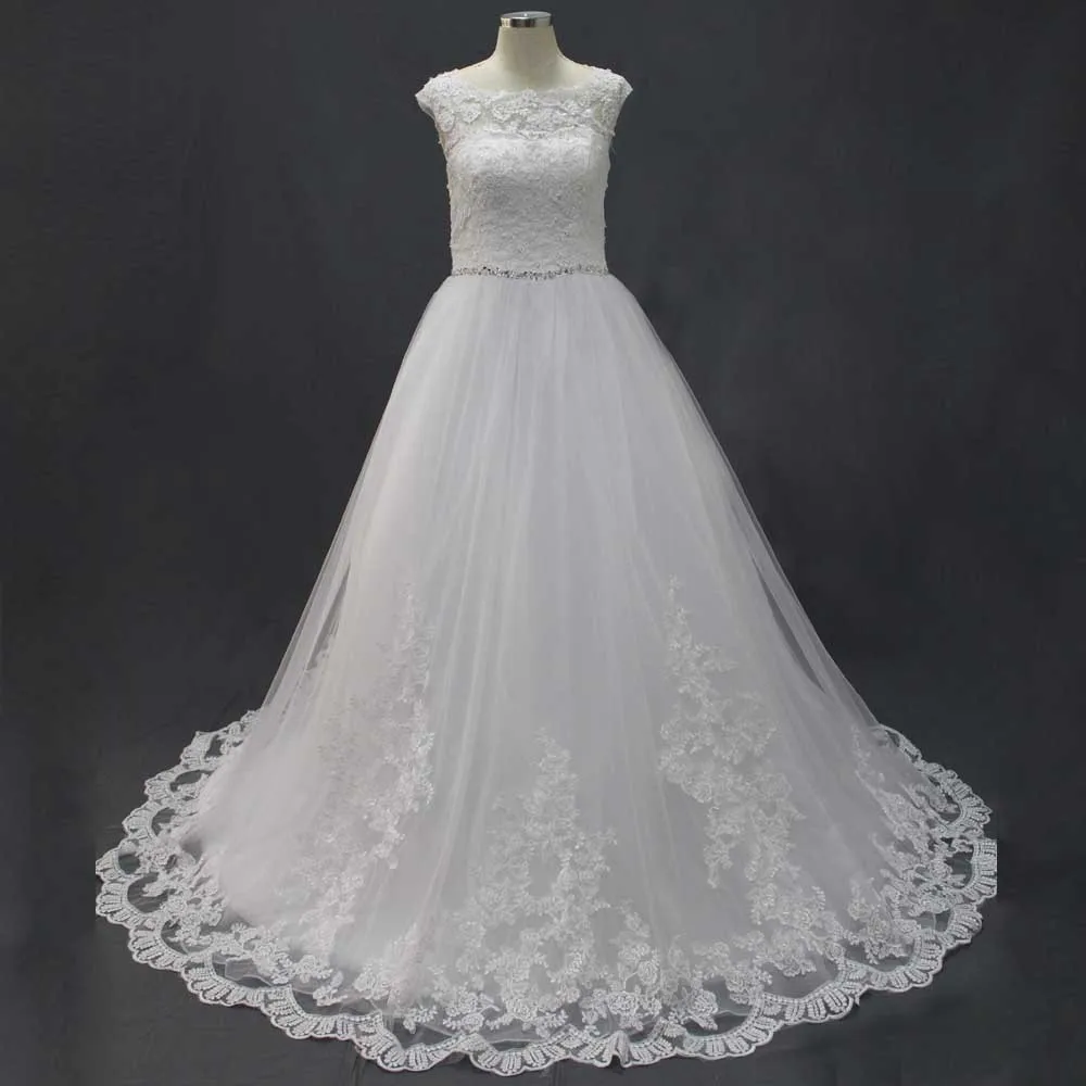 

WONDERFUL WHITE EMPIRE REAL PHOTOS SCOOP SHORT SLEEVES ORGANZA AND TULLE APPLIQUES BEADS LACE WEDDING DRESSES NEW