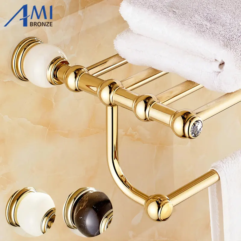 

GJade Series Golden Polish Copper & Jade/Marble Towel Rack Continental Bathroom Accessories Sanitary Wares Towel Bar Towel Shelf
