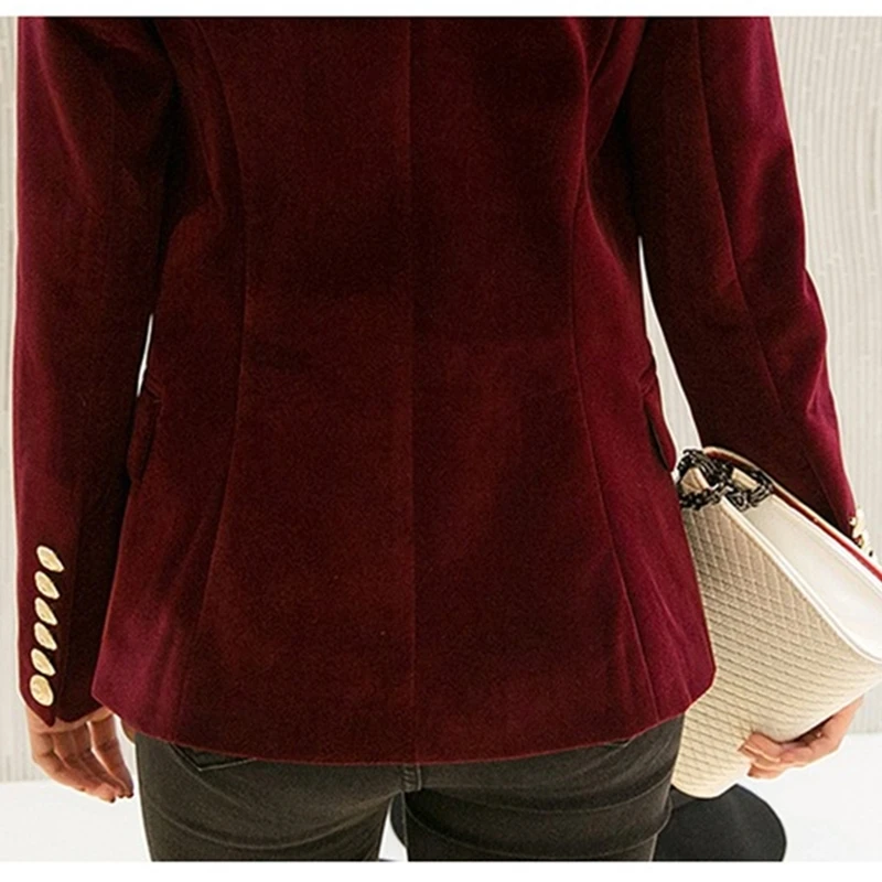 Brand New Fashion Spring Autumn Women Black Slim Velvet Blazer Jacket Wine Red Double Breasted Simple Lady Blazers OL Clothing