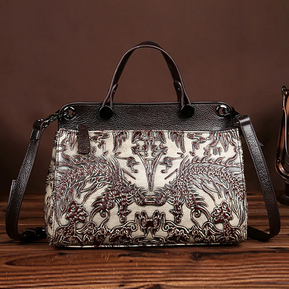 

High Quality Real Cowhide Women Crossbody Messenger Bags Tote Handbag Vintage Embossed Pattern Genuine Leather Shoulder Bag
