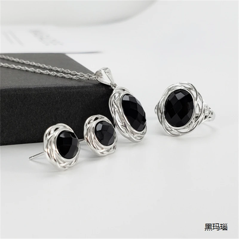 

Vintage Natural Stone Women Jewelry Set 100% Genuine 925 Sterling Silver Blue Black Onyx Oval Earrings Ring Pendant Necklace Set