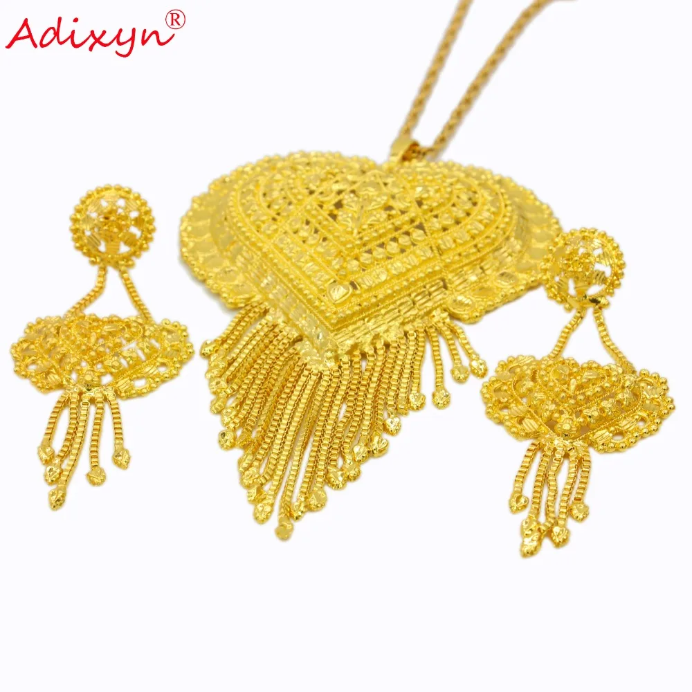 Adixyn-Gold Color Heart Jewelry Set, Colar, Pingente, Brincos, Índia, Luxo, Árabe, Africano, Presentes de Festa de Casamento, Free Box, N12173