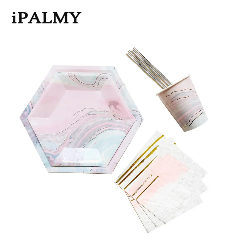 

ipalmay Pink Marble Gradient Hexagon Plates Marble Plates Cups Napkins Paper Straws Disposable Paper Tableware Set for Party