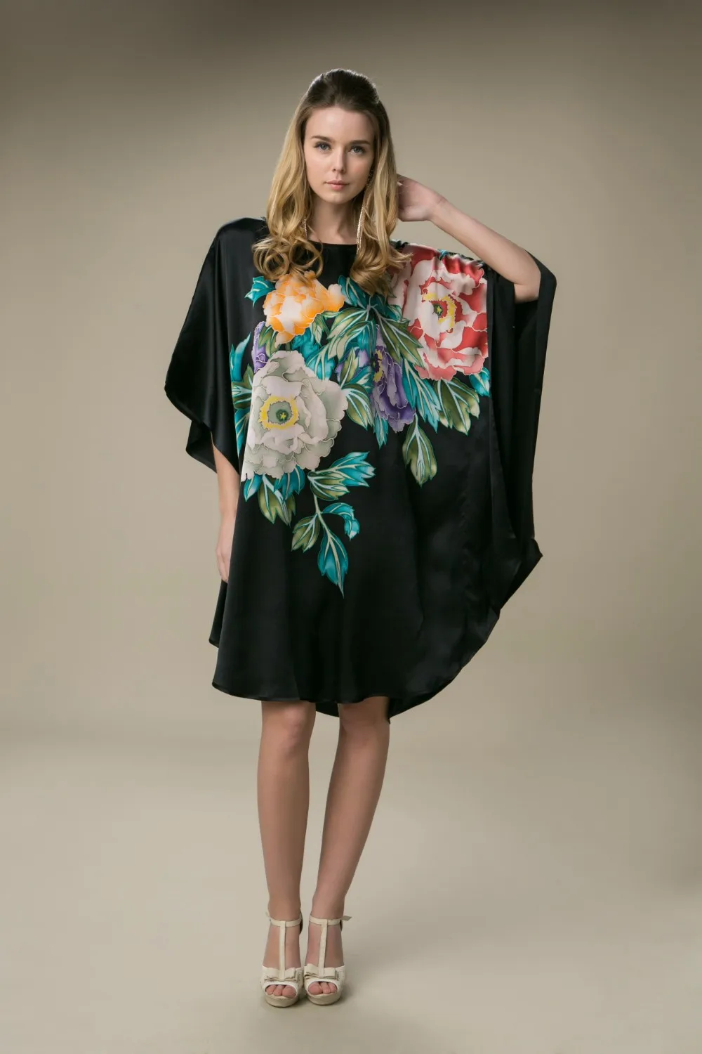 Шелковое Атласное Платье женское шелковое платье натуральный шелк свободный размер Ручная роспись Платье Черный Цвет