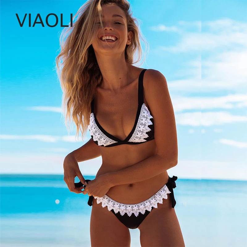 

Women Lace Splice Patchwork Sandy Beach Wear Female Split Bikini Swimsuit Beach Swimwear Plavky Maillot Bather Sui