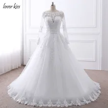 Lover Kiss Vestido de noiva жемчуг длинный рукав с бисером свадебное платье кружевные свадебные платья для невесты с бантом настоящий халат de Mariage