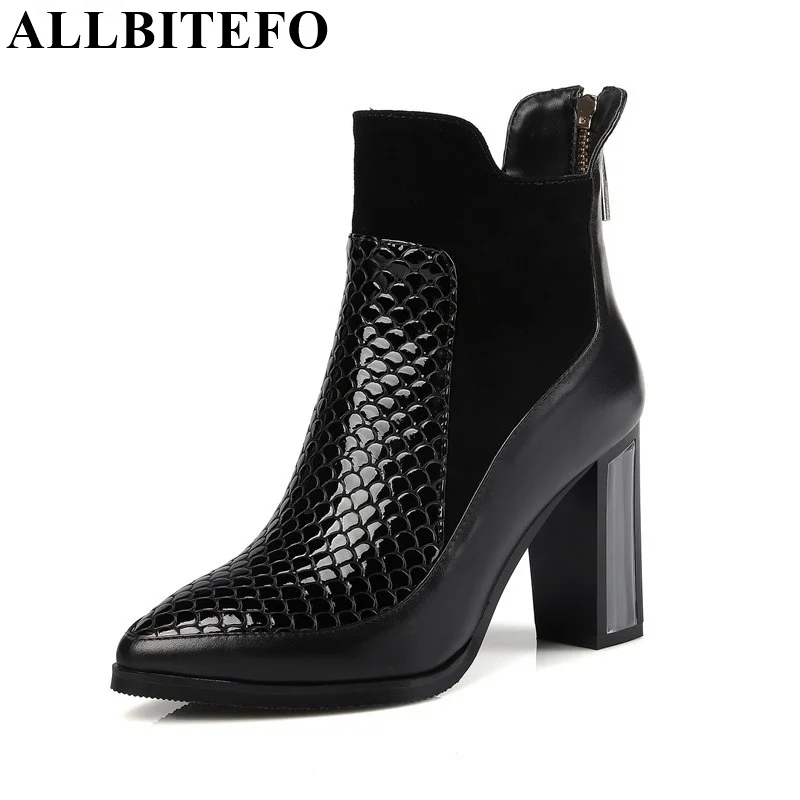 

ALLBITEFO size:33-45 Transparent heel snake skin pointed toe genuine leather fashion short women boots fashion brand ankle boots