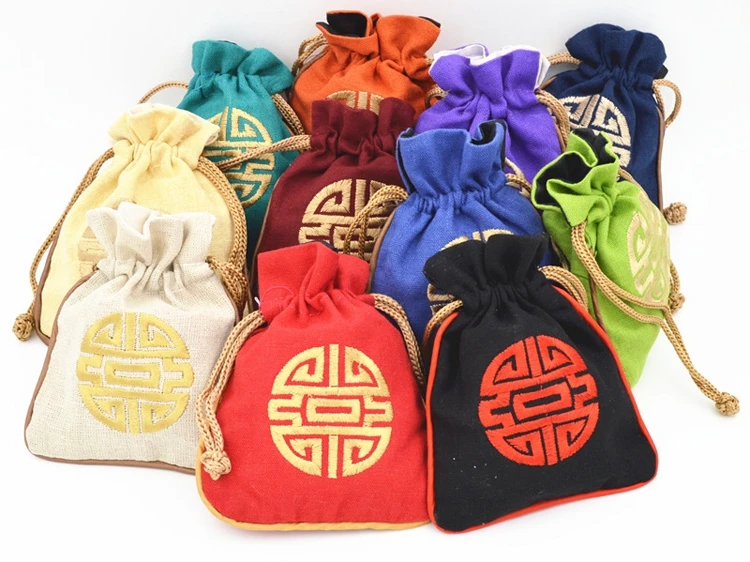

Chinese Cotton Linen Small Jewelry Gift Pouch Embroidered Lucky Drawstring Empty Tea Candy Bag Wedding Birthday 50pcs/lot 11x14
