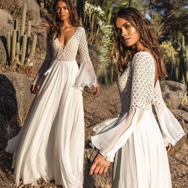 

high quality Women Bohemian White Long Dress Deep V High Waist Hollow Out Patchwork Lace Up Travel Beach Maxi Dress