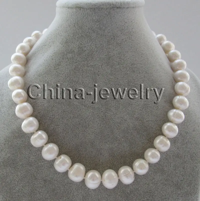 

NUI678 fast Beautiful 18 " 12-14mm natural white round freshwater pearl necklace - GP clasp AAA