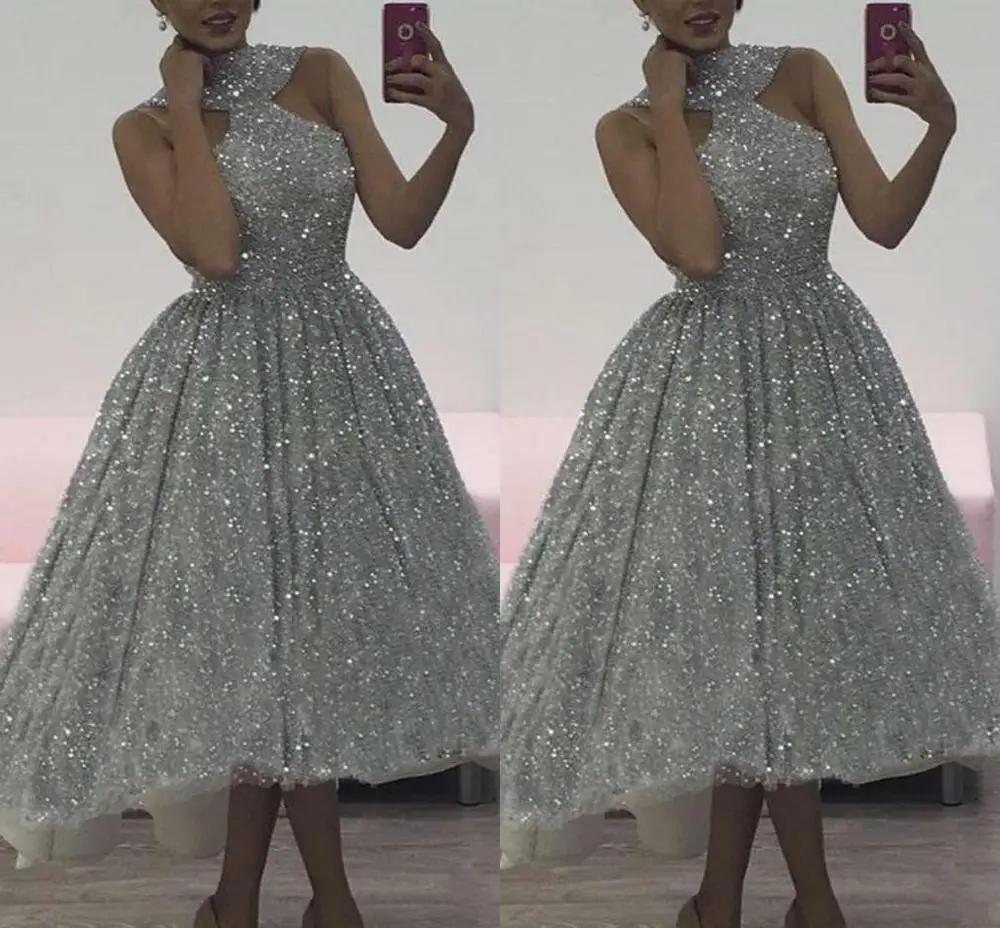 

Charming Silver Sequins Evening Dresses Halter Plus size Prom Gown Soft Fitting Hi-Low High Quality Cocktail Party Dresses